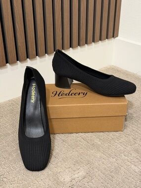 Stretchy Black Knit Square Toe Shoes Comfy Pumps with Block Heel Size 8.5 NIB